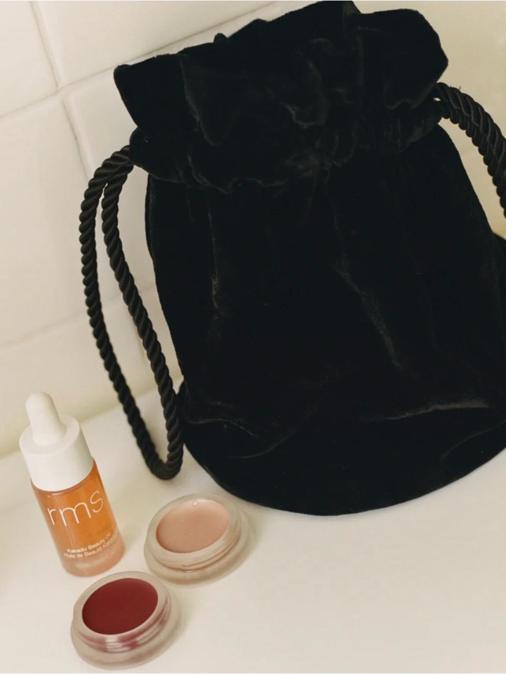 NWT Doen Black Velvet Drawstring Pouch Bag